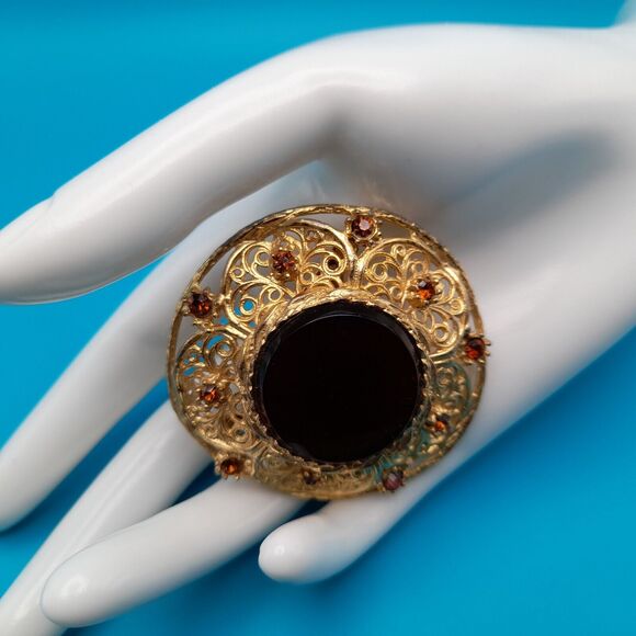 Vintage Round Topaz Glass Cabochon Rhinestones Brooch, Gold Tone Filigree - Picture 3 of 10